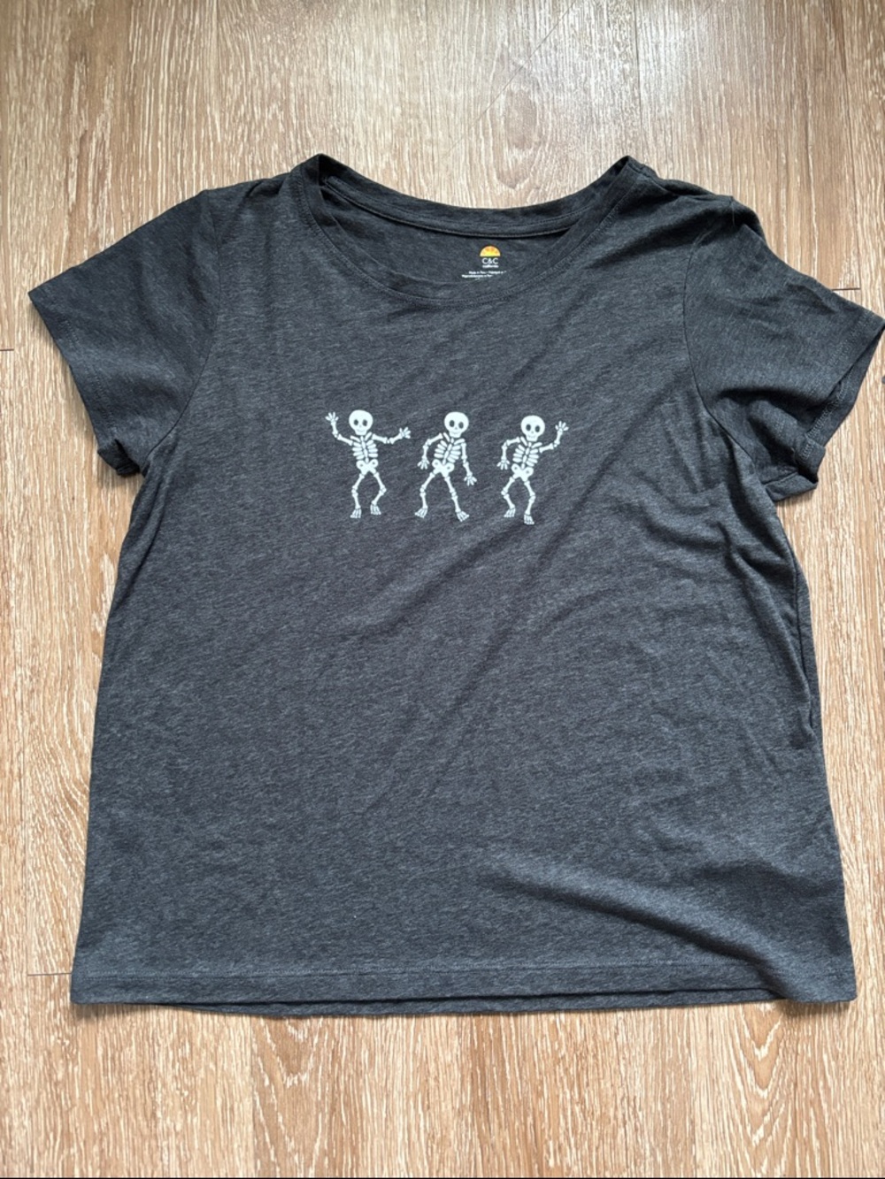 C&C California dancing skeletons halloween t shirt, large, charcoal gray